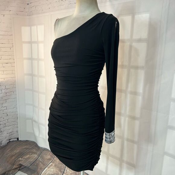 City Triangles Black Ruched Bodycon One Shoulder Mini Dress Size S - Picture 3 of 9